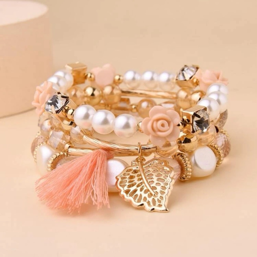 Restock- Pink Tassel and Leaf Charm Bracelet Set